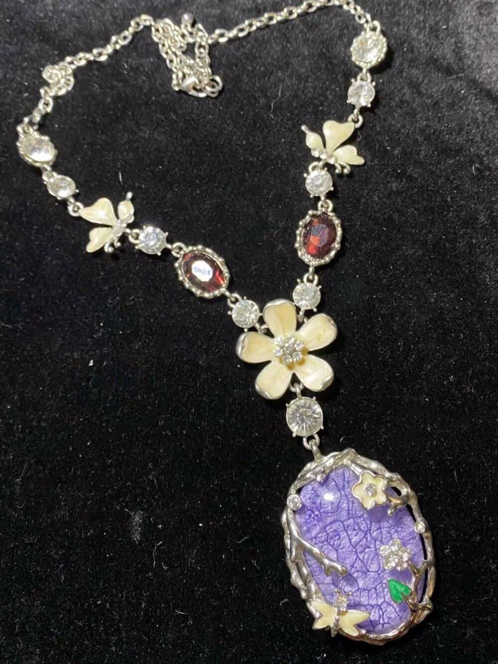 Vintage Purple Cracked Stone Floral Branch Butterfly Enamel Rhinestone Art Deco